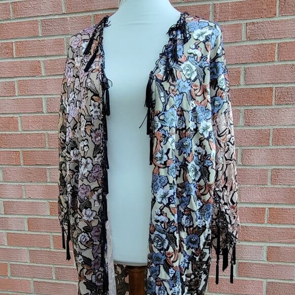 Sterling Styles Burnout Velver Beaded Tassel Fringe Boho Kimono Duster One Size - Picture 4 of 12